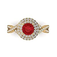 1.37ct Round Cut Solitaire double halo Simulated Red Ruby designer Modern Statement with accent Ring Solid 14k Yellow Gold