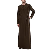 Men's Loose-Fit Linen Cotton Muslim Arab Dubai Robe Long Sleeve Crewneck Zip Up Casual Long Gown Shirt