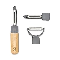 Full Circle Peel Good Collection Peeler Assortment – Set of 3 Julienne, Serrated and Straight Stainless Steel Blades with Bamboo Handle - 3-in-1 Swivel Head Fruit and Vegetable Peeler