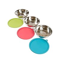 Messy Mutts 6-Piece Set | Three Stainless Steel Bowls and Three Colorful Silicone Lids | Sealable Travel Containers | Portable Food/Water Dishes for Pets | Large, 3 Cups