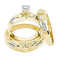 TheDiamondDeal 14kt Yellow Gold His & Hers Round Diamond Claddagh Matching Bridal Wedding Ring Band Set 1/8 Cttw