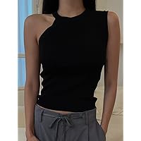 Women's Tops Sexy Tops for Women Women's Shirts Solid Asymmetrical Neck Knit Top (Color : Black, Size : Small)