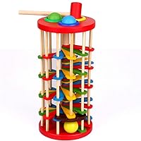 Montessori Children Hand-Eye Coordination Training Wood Toys Roll Wood Tower with Hammer Knock Games Knock Ball Drop Ladder Game