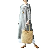 Women's Cotton Casual O Neck Check Print Cheongsam Dress Retro Chinese Style Loose Long Dress Grey