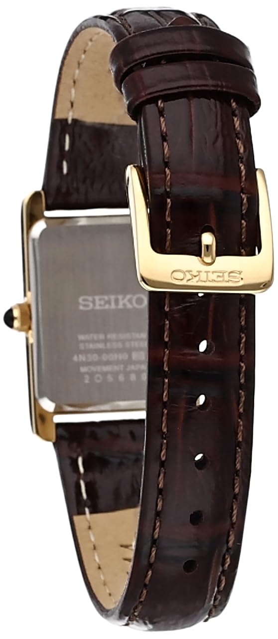 SEIKO SWR066 Watch for Women - Essentials Collection - Water Resistant with Gold-Finish Stainless Steel Case, Patterned Light Champagne Dial with Gold Accents, and Textured Brown Leather Strap