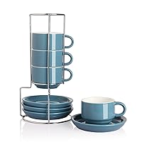 SWEEJAR Porcelain Espresso Cups with Saucers, 4 Ounce Stackable Cappuccino  Cups with Metal Stand,Set of 4,Fog Blue 