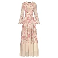 Floral Print Dress Women's Frenulum O Neck Long Sleeve Dress High Waist Slim A-LINE Long Dress