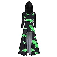 Vintage Midi Dress Women's Halloween Dresses Vintage Long Sleeve Printed Hooded Dress -Length Hiking Dress for