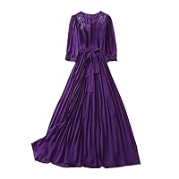 Elegant Floral Embroidery Long Pleated Dress for Women Purple Prom Dresses Three Quarter Sleeve Party Holiday Robes