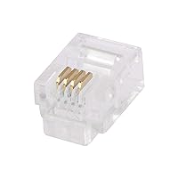 Monoprice 6P4C RJ11 Modular Plugs for Round Solid Cable - Crimp On, 1U, 3 Prongs, 4 Conductor, Clear, 50-Pack