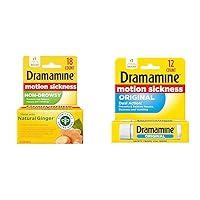 Dramamine Motion Sickness Relief Bundle with Non-Drowsy Ginger Capsules, 18 Count and Original Tablets Travel Vial, 12 Count