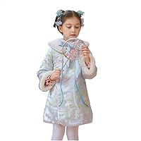 Chinese Style New Year's Clothing,Children's Tang Suit,Embroidered Quilted and Padded Girls' Retro Cheongsam Dresses.(Blue,Small(2-3Y))