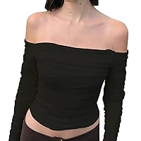Women Party Tops and Blouses Sexy Sweet Girls Mesh Ruched Off The Shoulder Slim Fit Cropped Flare Long Ladies (Black, S)