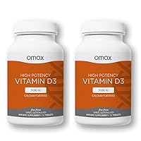 2 Pack - Omax Vitamin D3 5000 IU + Calcium, 60-Day Supply, Strong Bones, Muscles & Joints, Heart Health, Immunity, Non GMO, No Gluten, No Soy - 30 Tablets/per Bottle