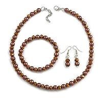 Avalaya Bronze Glass Bead and Brown Faux Pearl Necklace/Flex Bracelet/Drop Earrings Set - 41cmL/4cm Ext/8mm Single Bead