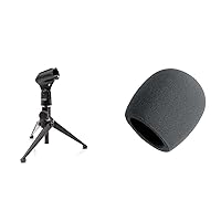 Pyle Desktop Tripod Microphone Stand & On-Stage Foam Ball-Type Microphone Windscreen, Black