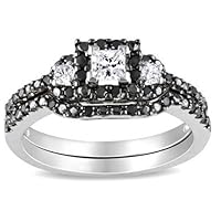 Mesmerizing Black and White Diamond Wedding Ring Set 1 Carat Princess Cut Diamond on Gold