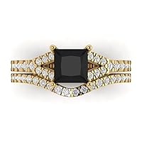 2.01ct Princess Cut Solitaire Natural Black Onyx Engagement Promise Anniversary Bridal Ring Band set Curved 18K Yellow Gold