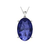 Simple Oval Shape Lab Made Blue Sapphire 925 Sterling Silver Pendant Necklace with Link Chain 18