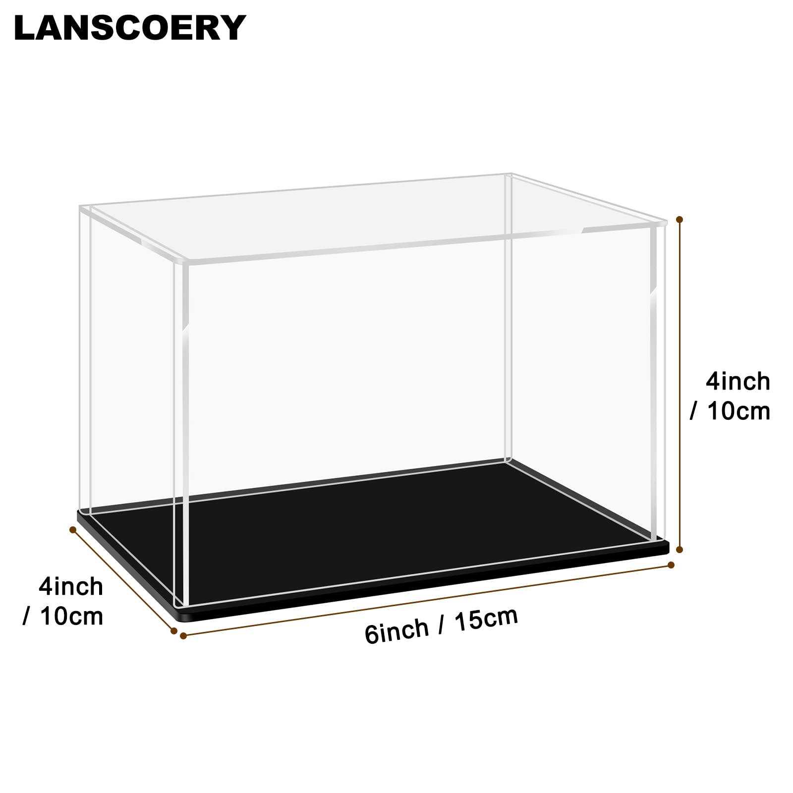 LANSCOERY Clear Acrylic Display Case, Assemble Horizontal Display Box Stand with Black Base, Dustproof Protection Showcase for Collectibles Memorabilia Figurines (6x4x4inch; 15x10x10cm)