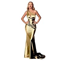 Satin Prom Dresses for Women One Shoulder Mermaid Evening Dress Ruched Sexy Formal Gown ZJF03