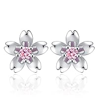 Leaf Flower Stud Earring Round Cut Created Pink Ruby 14k White Gold Finish 925 Sterling Silver