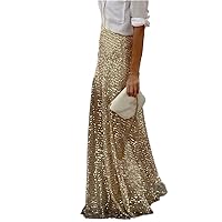 Women Shiny Sequin Long Skirts Elegant High Waist Pleated Solid Color Party Skirt Autumn Casual Slim