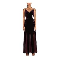 Womens Maroon Stretch Embellished Zippered Pleated Mesh Godets Sleeveless V Neck Maxi Evening Gown Dress Plus 14W