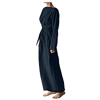 Womens Cotton Linen Lace-Up Bowtie Front Kaftan Dress Drop Shoulder Long Sleeve Crewneck Casual Solid Maxi Dresses