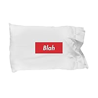 Blah Standard Size White Pillow Case - Red Box White Letters Design Over It
