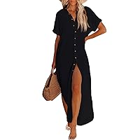 Women's Short Sleeve Button Down Side Slit Maxi Long Beach Swimsuit Cover Up Blouse Dress with Belt Black M
