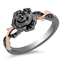 1Ct Round Cut Black Diamond in 14K Two-Tone Gold Over 925 Sterling Silver Diamond Maleficent Rose Flower Engagement Ring for Women