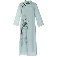 Mountain and Pine Embroidery Chinese Style Dress,Women's Stand Collar Vintage Buckle Loose Cheongsam Midi Dress