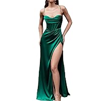 Women's Square Neck Sleeveless Backless Slit Strap Formal Evening Gown Lace Up High Waist Graduation Gown Party Dress