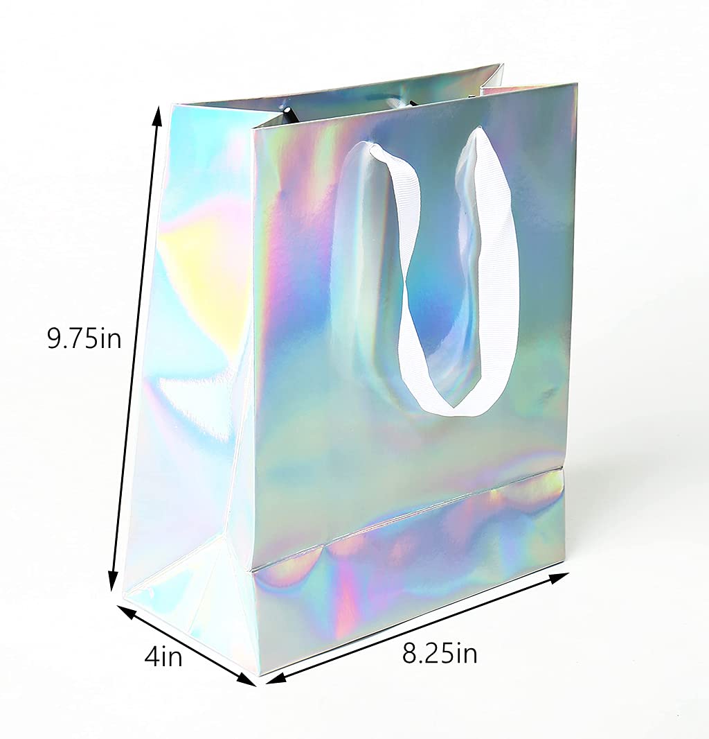 Lidelazon Iridescent Party Bags with Handles (12 Pack) Holographic Silver Foil Gift Bags, Treat Bags, Favor Bags, Party Favors, Favor Gifts for Guests, Thank You Bags, Welcome Bag