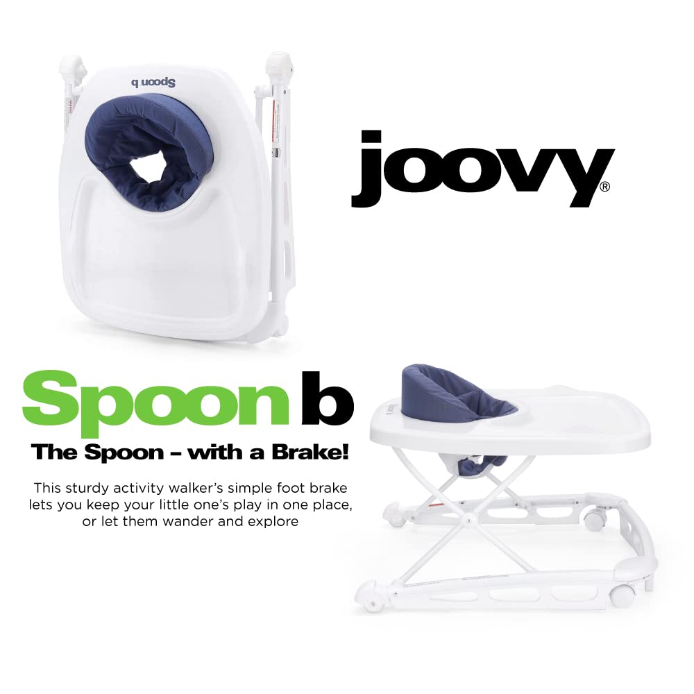 Joovy Spoon B Baby Walker & Activity Center Featuring Super-Sized Tray with Dishwasher-Safe Insert, Ultra-Wide Base, Three Adjustable Heights, and Rear-Wheel Parking Brake (Slate)