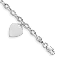 Jewels By Lux Polished Engravable Personalized Custom 14K White Gold Dangle Heart Bracelet For Men or Women Length 7.5 inches Width 10.5 mm With Lobster Claw Clasp