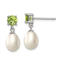 925 Sterling Silver Dangle Polished Post Earrings Peridot and 7 8mm Freshwater Cultured Pearl Teardrop Earrings Measures 20x8mm Wide Jewelry for Women