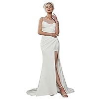 Women’s Sheer Top Bridal Wedding Dress Crepe Sleeveless Mermaid Wedding Dress Wedding Dress with High Slit HD1077