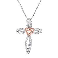 1/4CTTW Sim Diamond Two Tone Gold Plated Sterling Cross & Heart Pendant 18” Chain Necklace