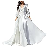 Women's Chiffon A Line Wedding Dresses for Bride Translucent Puffy Long Sleeves Lace Applique Bride Wedding Gown