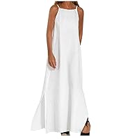 Womens Linen Spaghetti Strap Sleeveless Summer Maxi Dresses Casual Loose Side Slit Hem Cami Dress Beach Party Sundress