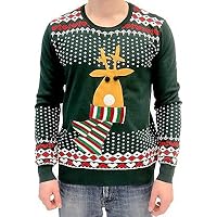 Ugly Christmas Sweater Rudolph Flashing Light Red Nose Reindeer Adult Green Sweater