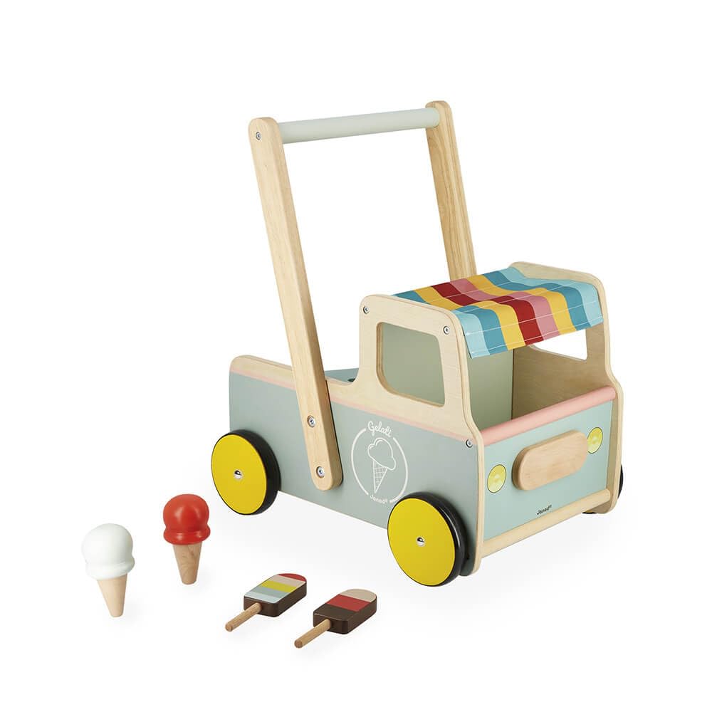 Janod - Janod - Wooden Pull-Along Ice Cream Cart/Trolley - 4 Ice Creams Included - Silent Wheels - Anti-Tip System - FSC-Certified - Water-Based Paint - 1 Year , J08049