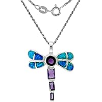 Sterling Silver Synthetic Opal Dragonfly Necklace Amethyst CZ & white CZ 1 3/8 inch