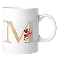 Monogram Letter M Coffee Mug Watercolor Golden Letter Red Flower Funny Coffee Mugs Inspired Monogram Coffee Cup Drinking Cups with Handle Friendship Gift For Cappuccino Espresso Latte Milk Tea 11oz