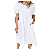 Linen Dresses for Women,Women's Casual Solid Color Short-Sleeve O-Neck Dress Loose Pocket Cotton and Linen Dresses