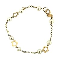 18K Yellow Gold Cultivated Pearls and Flowers Bracelet 6 inch