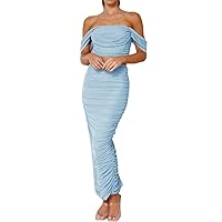 houstil Women's 2 Pieces Outfits Beach Summer Dresses Mesh Off Shoulder Top Maxi Skirt Holiday Cocktail Party Dress Set