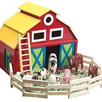 Constructive Playthings Big Wooden Farm Animal Barn Play Set, Includes 7 Over-Sized Farm Animals, Age Recommended Kindergarten to 3rd Grade